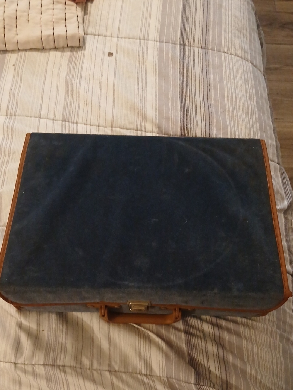 Vintage Blue Velvet Briefcase with Brown Trim